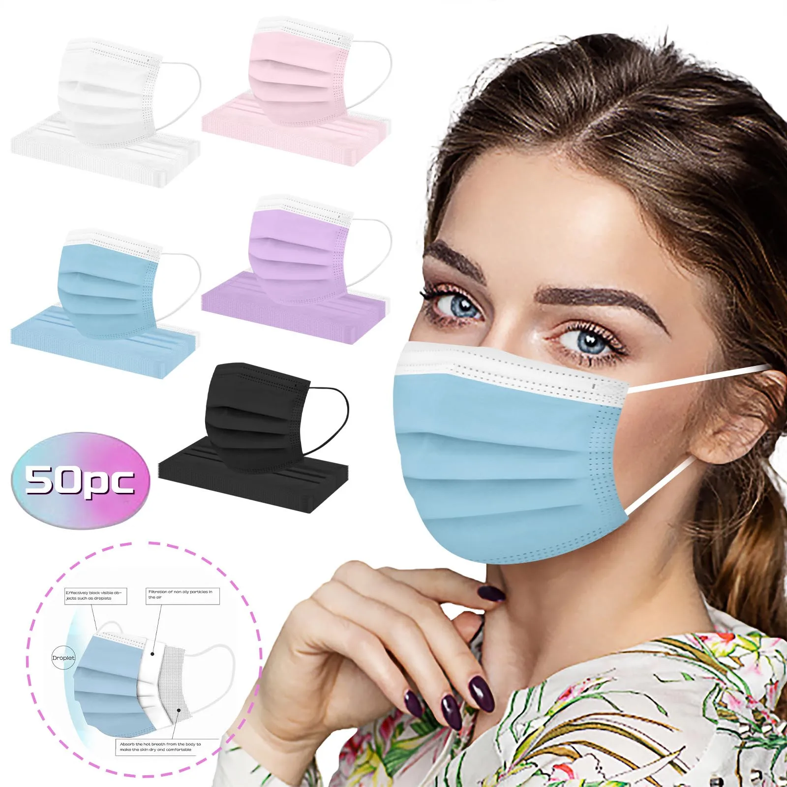 50 Pieces Of Non-woven Adult Mask Disposable 3-layer Safety Mask Outdoor Dust-Proof Face Protective Mask Disposable Mask