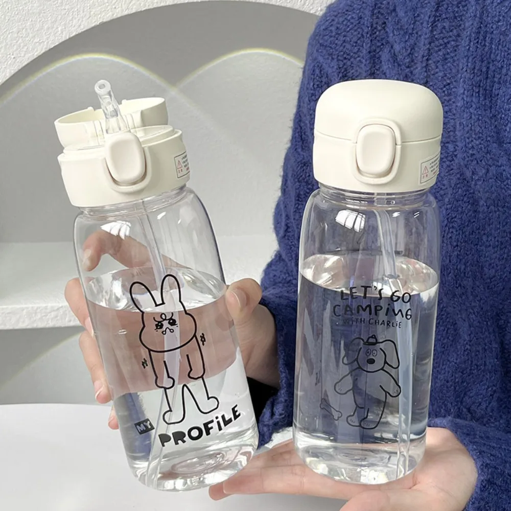 

Drinkware Transparent Student Water Bottle Cartoon Pattern Fall-resistant Straw Cup Plastic Bouncing Lid Suction Cup Gym