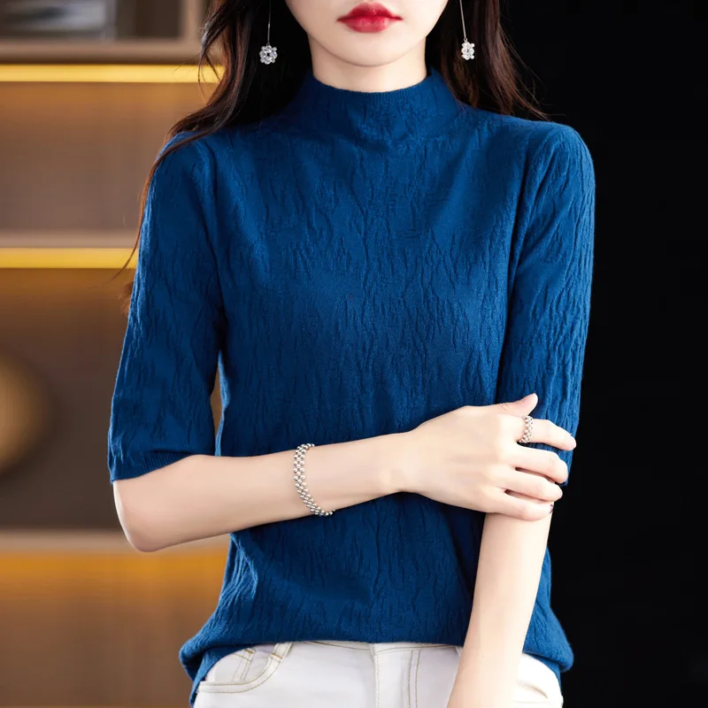 

Женский свитер с воротником-стойкой, трикотажные рубашки с короткими рукавами, приталенные пуловеры в полоску, высокая эластичность, осенне-зимние теплые рубашки