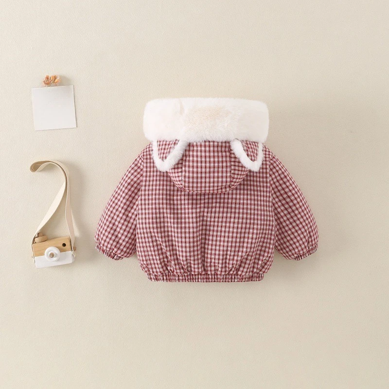 2026 Winter New Hot Selling Children's Hooded Red and White Checkered Zipper Warm Cotton Jacket