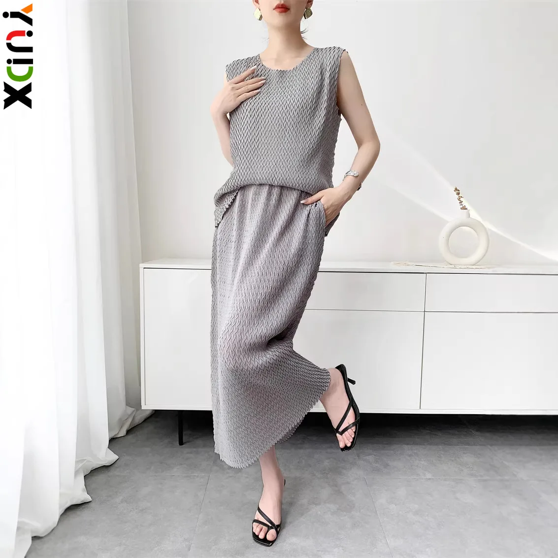 

YUDX Grey Miyake Pleated Round Neck Sleeveless Top+Wide Leg Midi Skirt Separately Sold Light Casual Daily Wear Women Minimalist