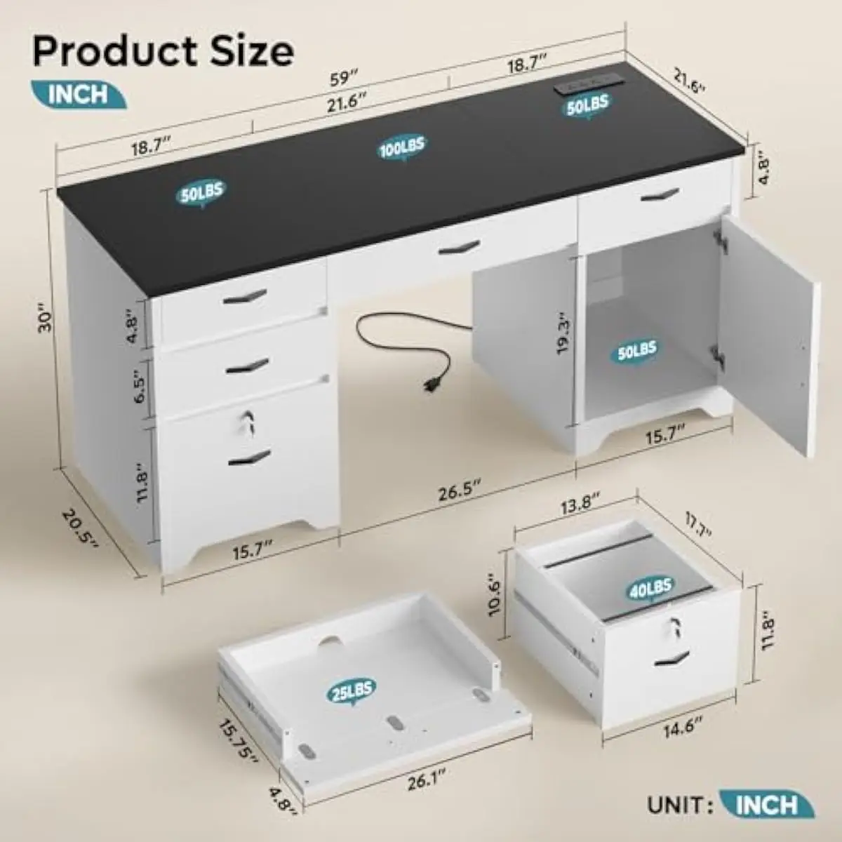 59 Inch Modern Executive Desk with Triple Drawers Lockable File Compartment Drop Front Keyboard Tray Built In Charging Hub 3 AC