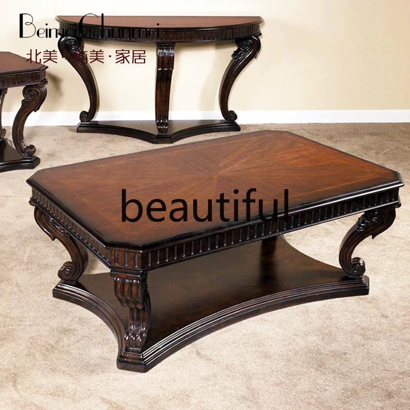 American rural retro old high-end solid wood carving living room negotiation table coffee table rectangular kung fu tea table