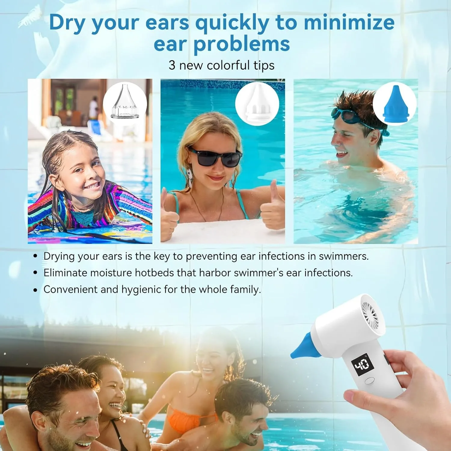Ear Dryer Water Drying Aid 650nm Red Light Therapy Ear Fluid Remover for Swimmers, Ear Dryer, Sports Ear Blowing Device Ear Care