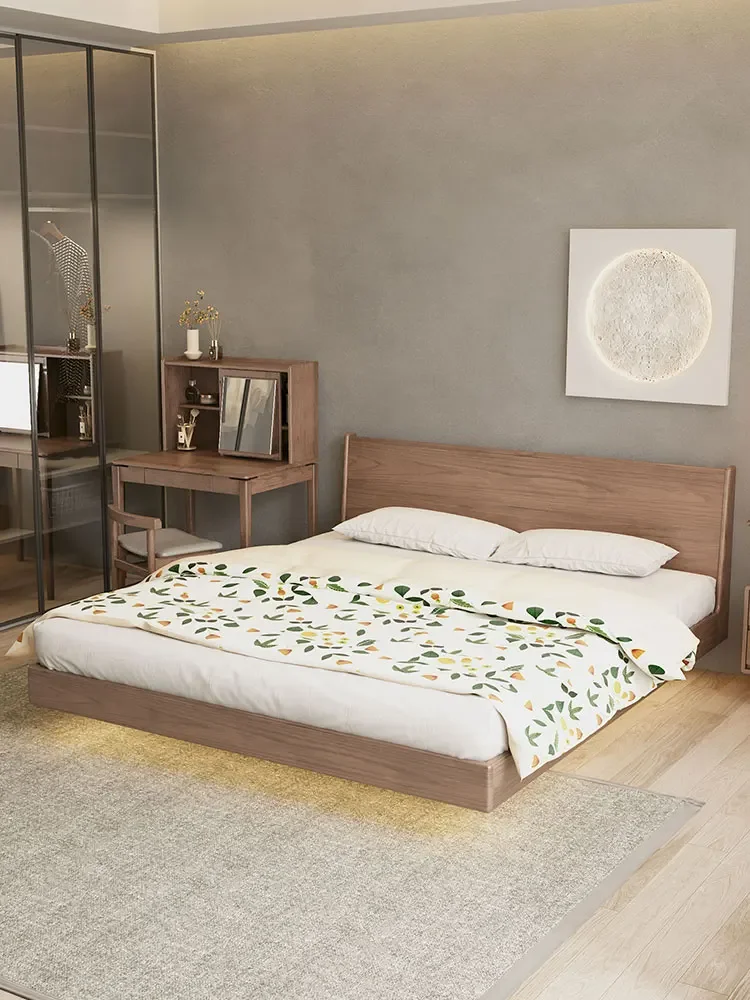 

Kusu 2023 New Suspended Bed Simplified Modern Solid Wood Bed Bedroom Double Bed Nordic Induction Light with Suspended Bed