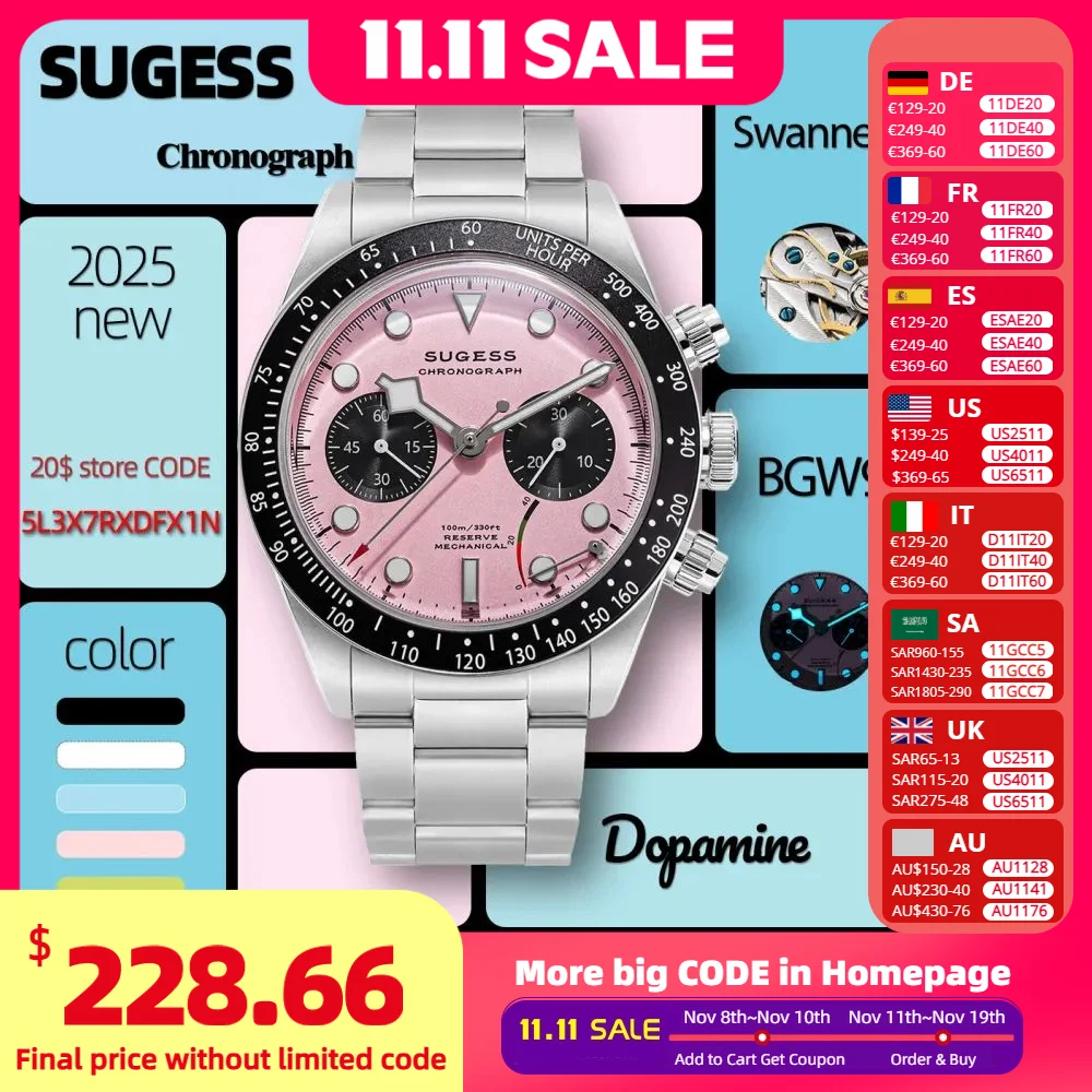 Reloj Sugess cronógrafo para hombre Original ST1907 Swanneck Pilot relojes de pulsera mecánicos con cúpula cristal de zafiro dopamina S457 2025 nuevo