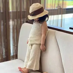 Children's Sets Girls Korean Fashion Hollow Knitted Sleeveless Set Summer Cool Baby Tank Top+ Wide Leg Pants