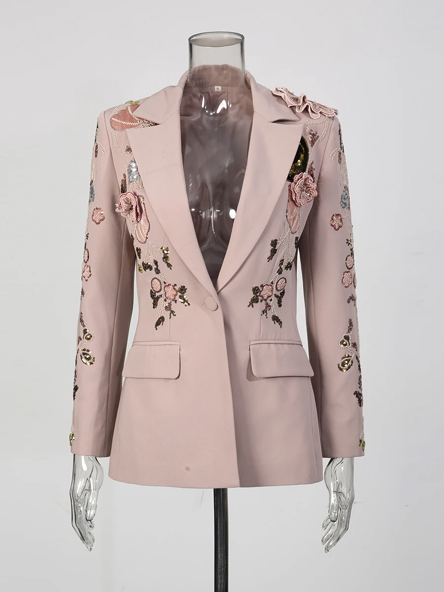 TWOTWINSTYLE Elegant Two Piece Sets for Women Lapel Long Sleeve Spliced 3D Bead Flower Luxurious Jacket Wide Leg Pant Set Female