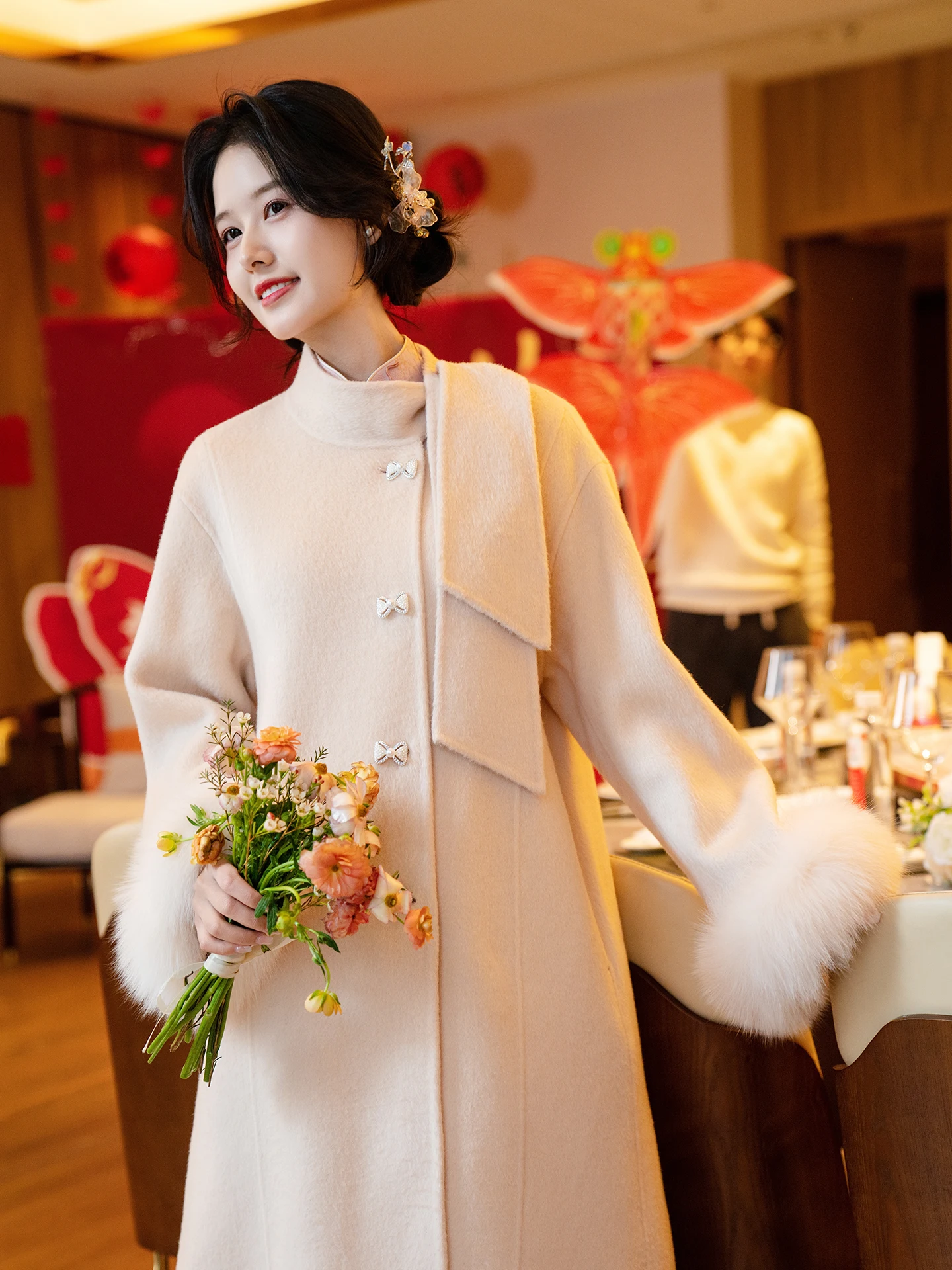 

Pink Woolen Wedding Coat New Chinese Sle Engagement Dr Banquet Gown Bride Autumn Winter Casual Outerwear Coat