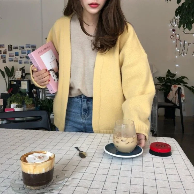 Sweater Women 2024 Fashion Solid Color V Neck Warm Cardigan Female Autumn Winter Loose Knit Female Cardigan Women BD4085