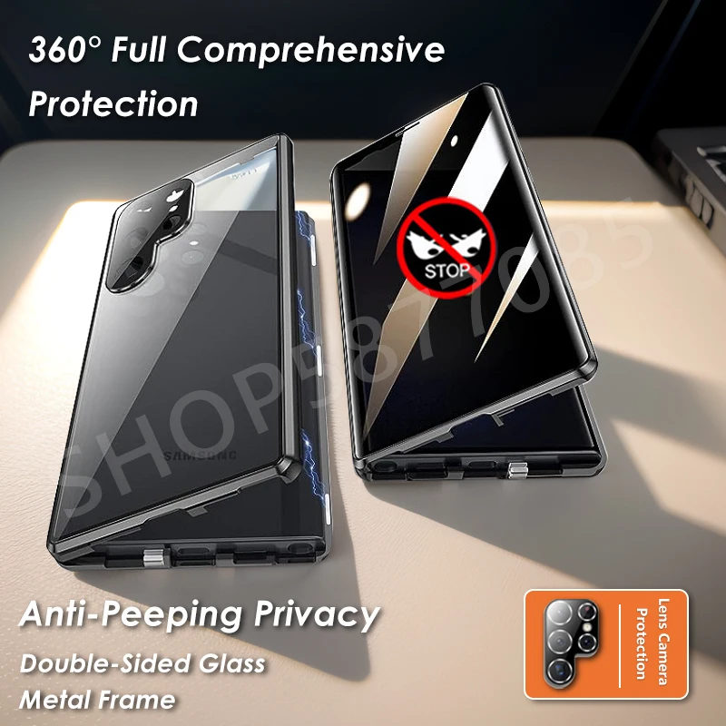 For Samsung Galaxy S24 S23 S22 S21 Ultra Anti-Peep Privacy Double Glass Magnetic Adsorption Camera Lens Protection Case Cover