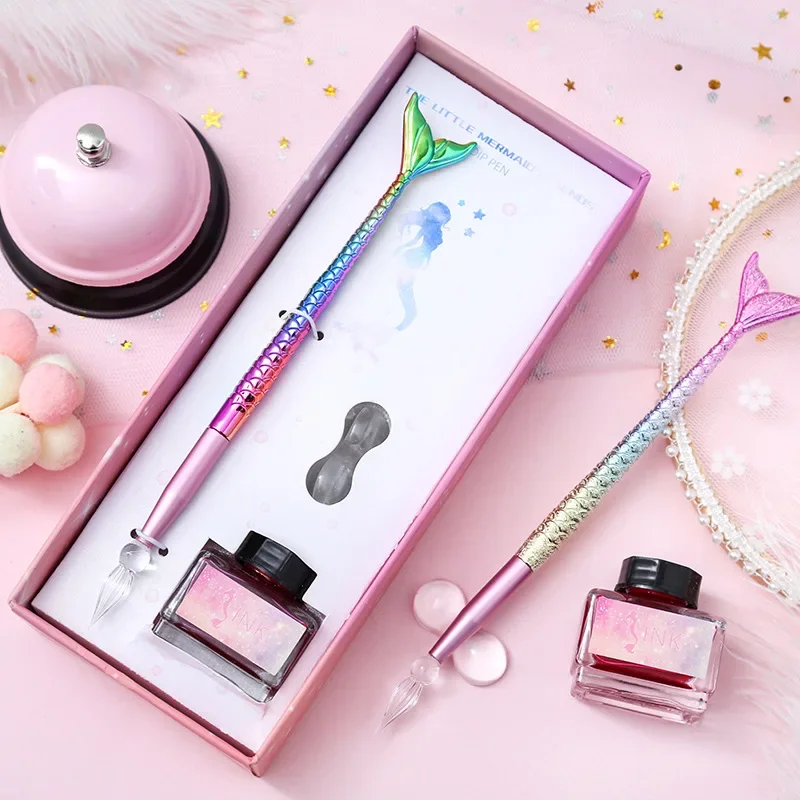 

1 шт., стеклянная ручка «Русалка», постепенно обесцвеченная, с кристаллами, перьевая ручка, студенческая ручка с чернилами и звездами, канцелярские принадлежности, перьевые ручки