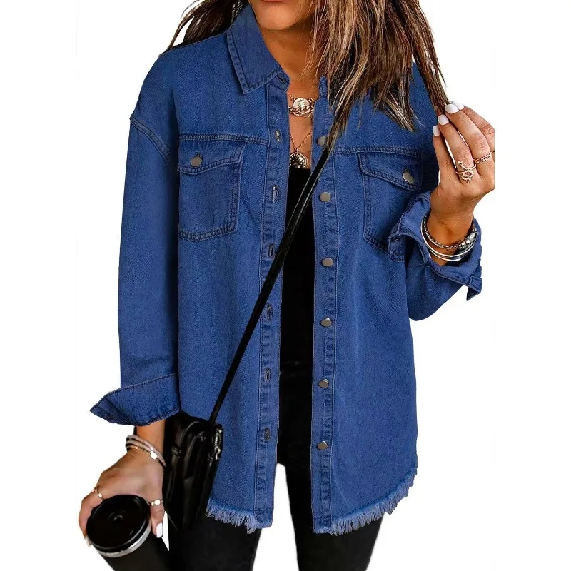 Women's Spring and Autumn Top Coat Denim Shirt Frayed Edges Simple Casual Design Fashion Advanced New Niche Versatile Skinny