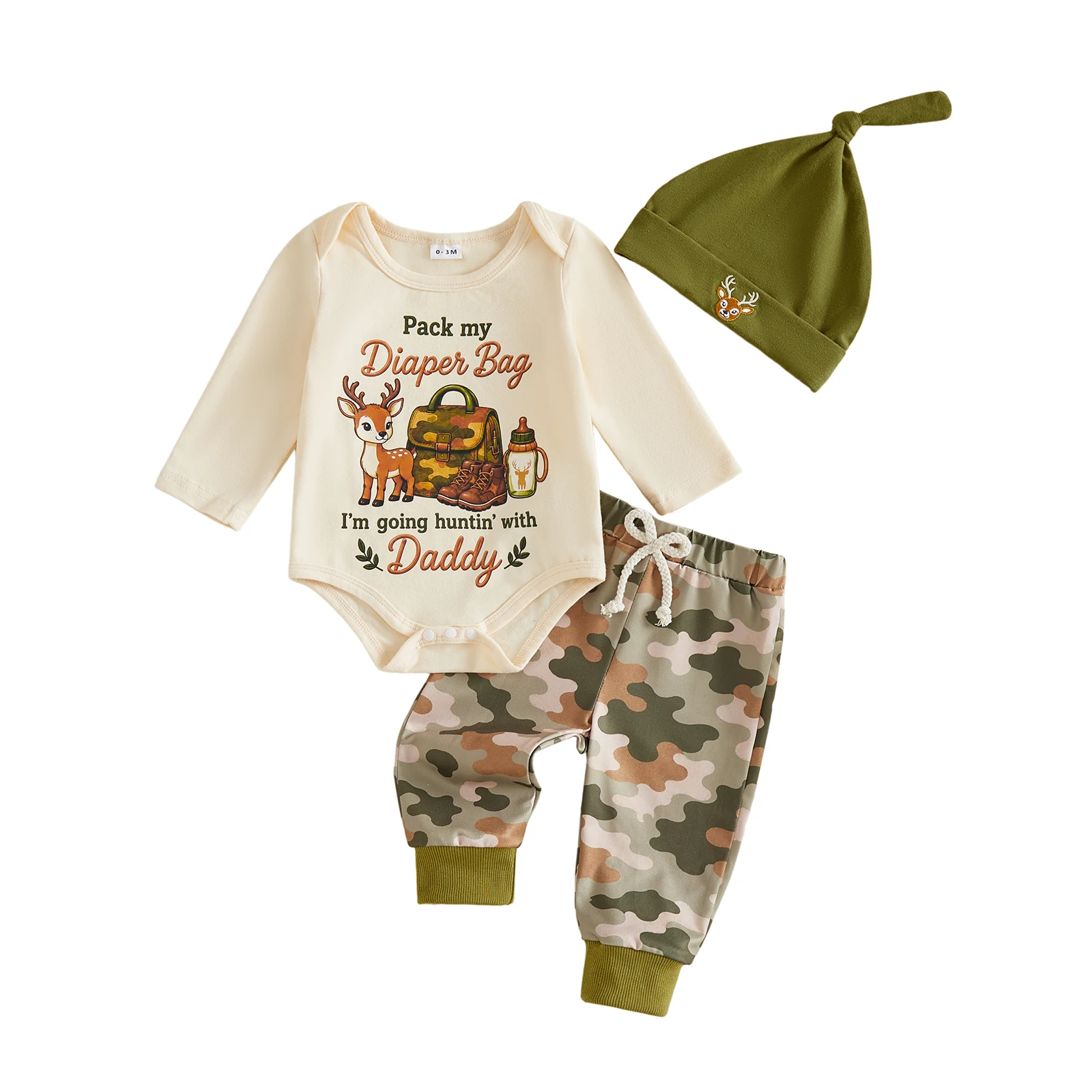 Baby Fall Outfits Long Sleeve Deer Backpack Print Romper + Pants + Hat Set