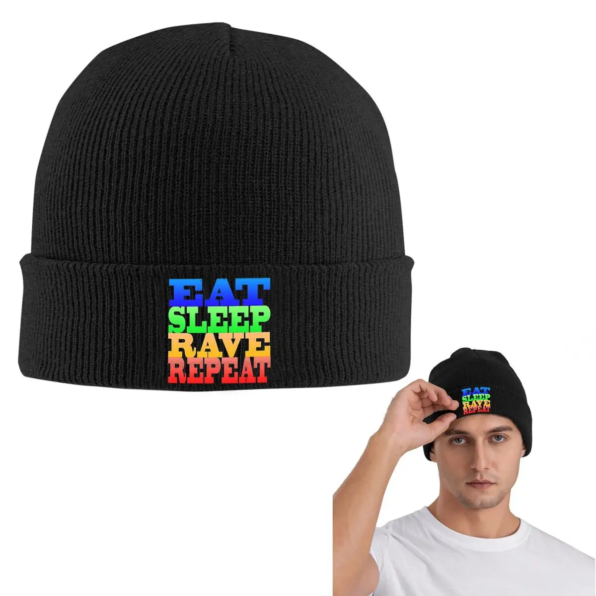 Eat Sleep Rave Repeat Warm Knitted Cap Fashion Bonnet Hat Autumn Winter Outdoor Beanies Hats for Unisex Adult