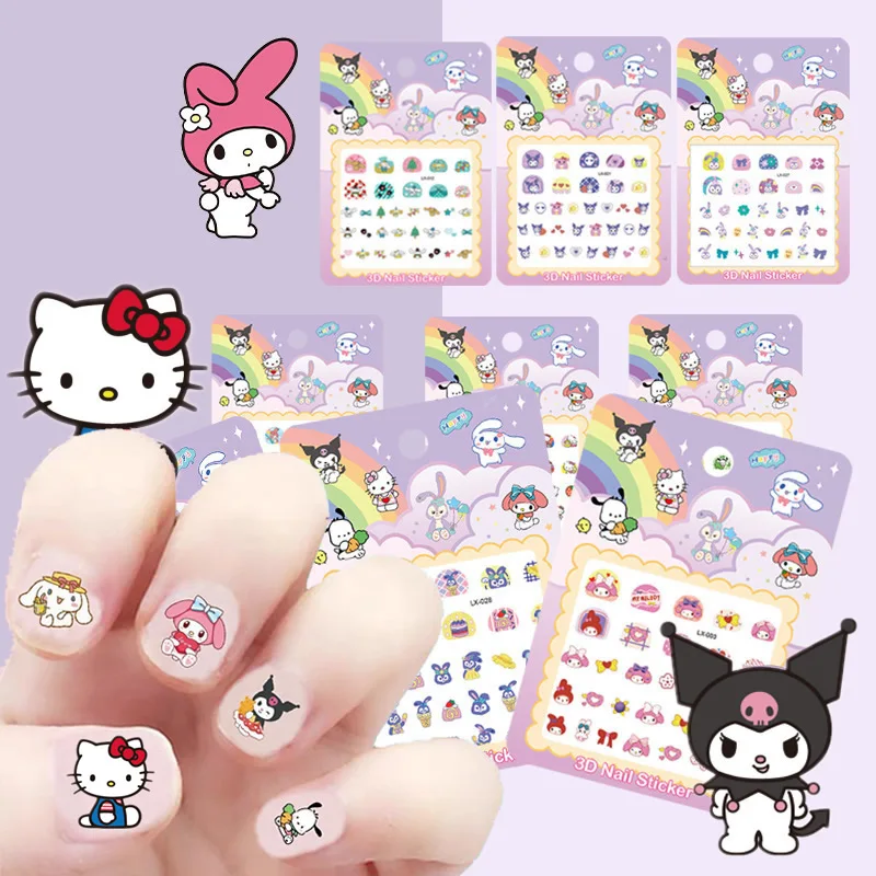 5pcs/set Hello Kitty 3D Nail Stickers Cartoon Sanrio Press on Nails Melody Kuromi Nail Art Decoration Fun Anime Nail Art Decals