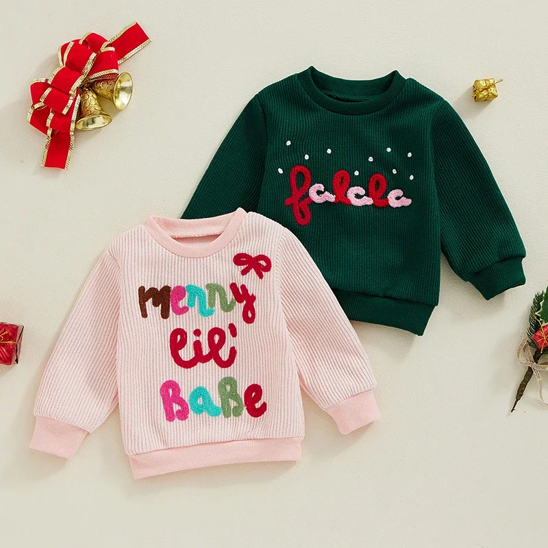 Christmas Newborn Baby Girls Boys Warm Sweaters 0-24M Letter Embroidered Long Sleeve Round Neck Knitted Pullover Casual Tops