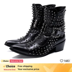 Men's Belt Buckle Rivet Slip On Boots with Heels Metal Toe singer model personality high heel pointed Leather Boots Men's shoes