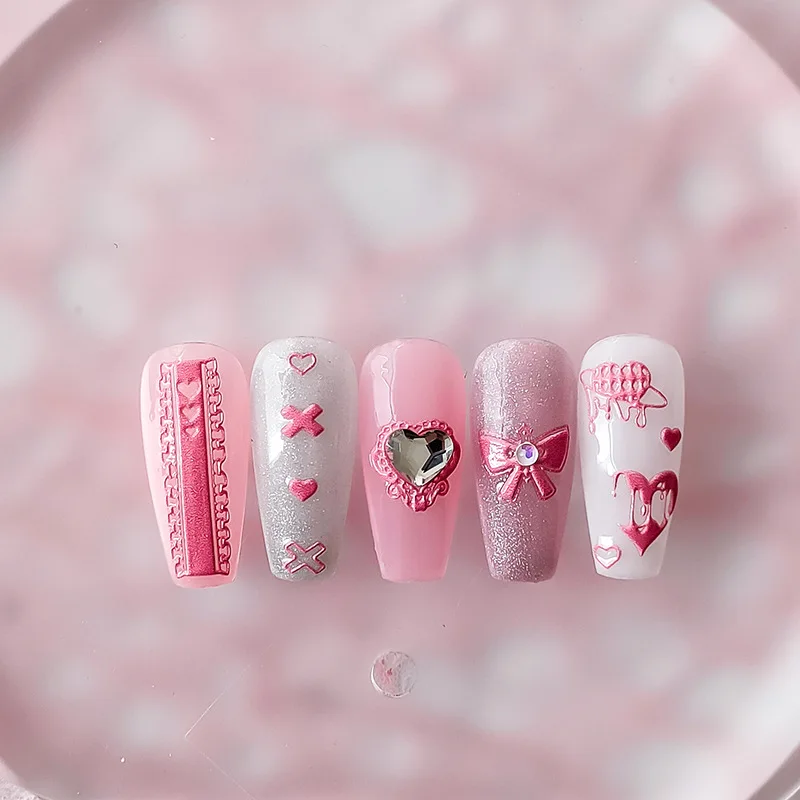 Pink Bowknot Love Heart Lace Ribbon 5D Soft Embossed Reliefs Auto-adesivo Nail Art Adesivos Cute 3D Manicure Decalques Atacado