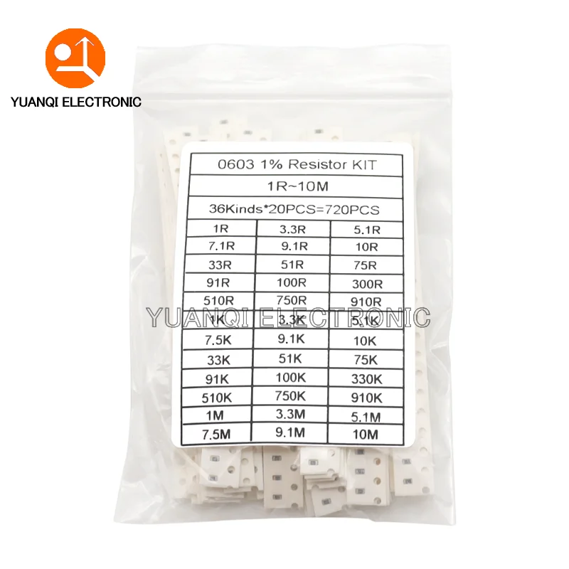 720pcs 1% 0603 0805 1206 SMD Chip Resistor Assorted Kit 1 ohm - 10M 36valuesX20pcs Resistance Sample set