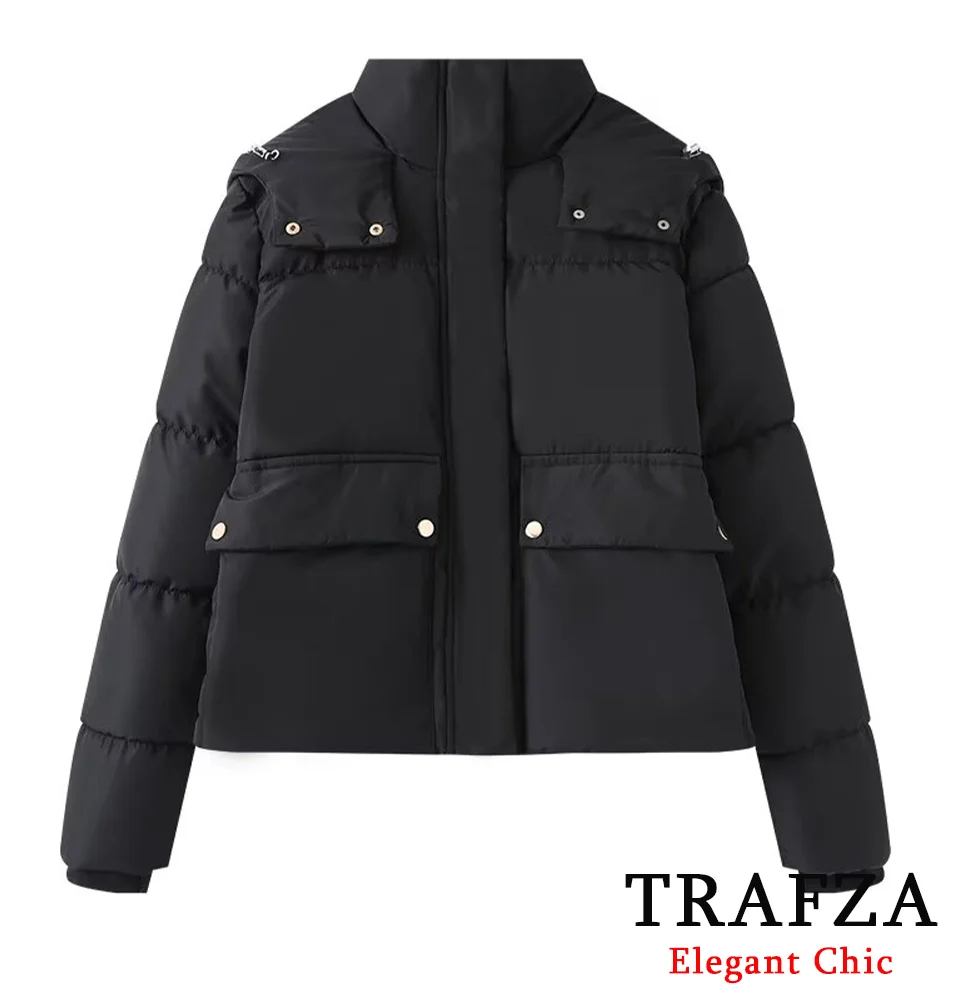 TRAFZA-Manteau Rembourré Noir pour Femme, Veste à Capuche Décontractée, Simple et Polyvalent, Nouvelle Mode Automne Hiver 2024