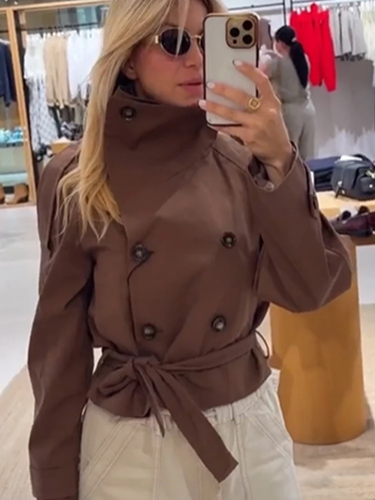 TFMLN 2026 Autumn Women Jacket Double Breasted Belted Waist Short Trench Coat with Epaulets Classic Fashion Lady Outfits