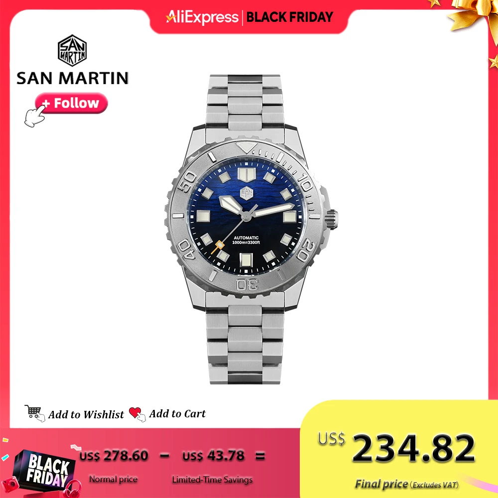 

San Martin, водонепроницаемые мужские дайверские часы глубиной 1000 м, 43 мм, с гелиевым аварийным клапаном, NH35, автоматический механический волнистый эмалевый циферблат SN0147
