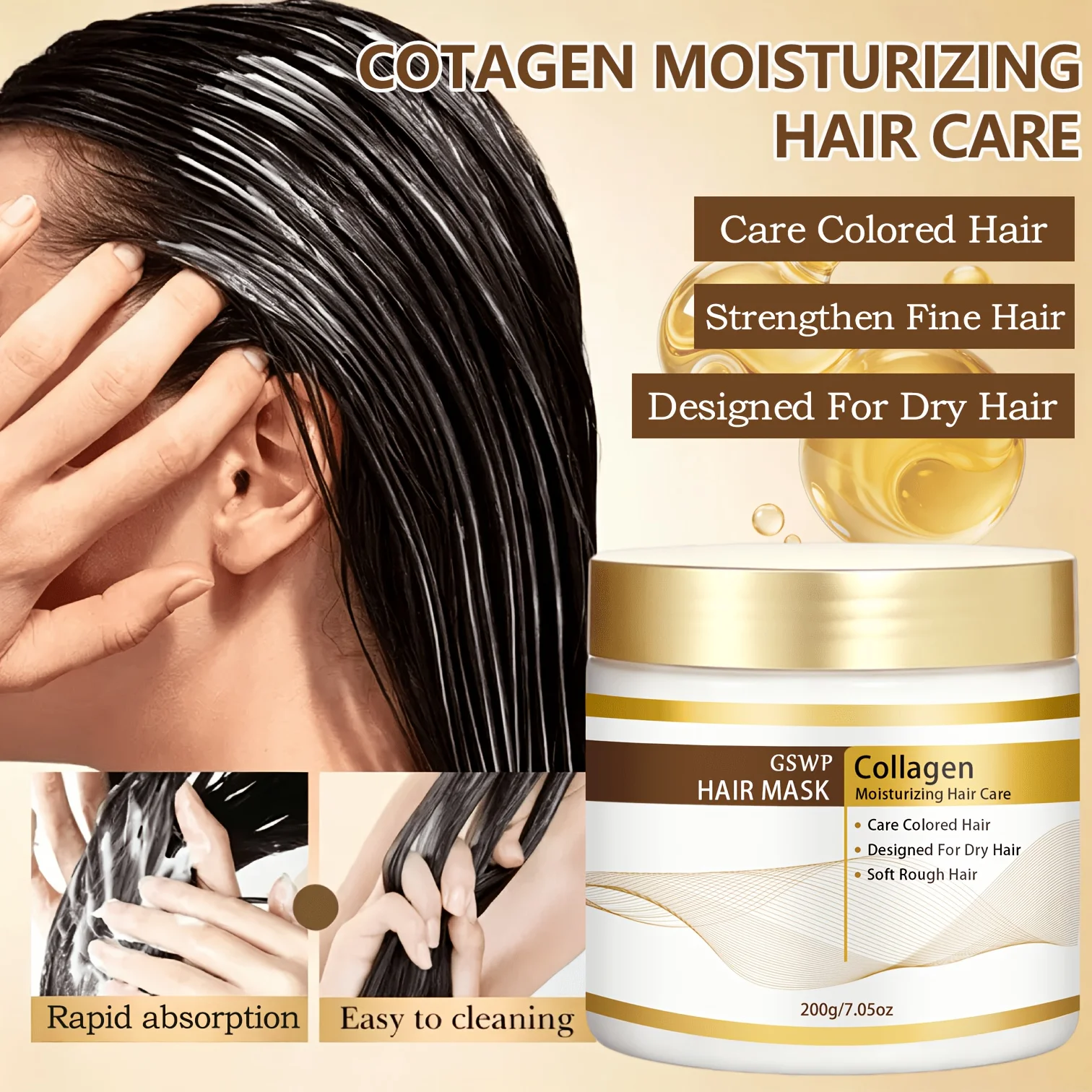GSWP Collagen Hair Mask, Deep Repair Dry Damaged Hair Anti Frizz Smooth Soft，Anti Fade Nourish Moisturizing Silky Hair.200g