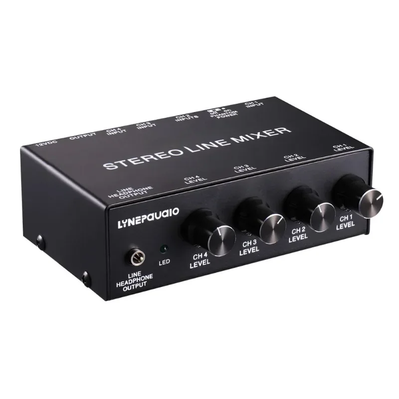 Five-channel stereo microphone mixer with earphone monitoring