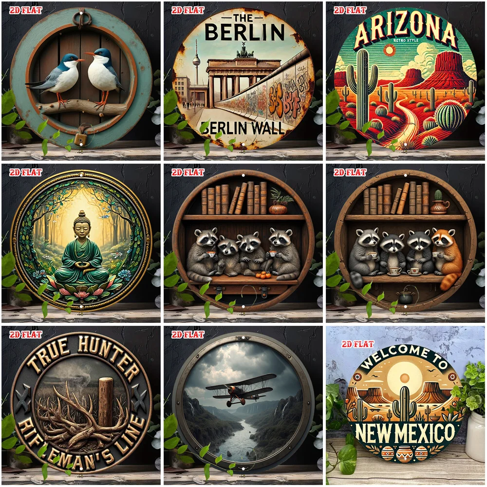 2D Flat Round Metal Tin Sign Vintage Stained Glass Animal Landmark Aircraft Religion Text Pattern Wall Decor Plaque For Home F