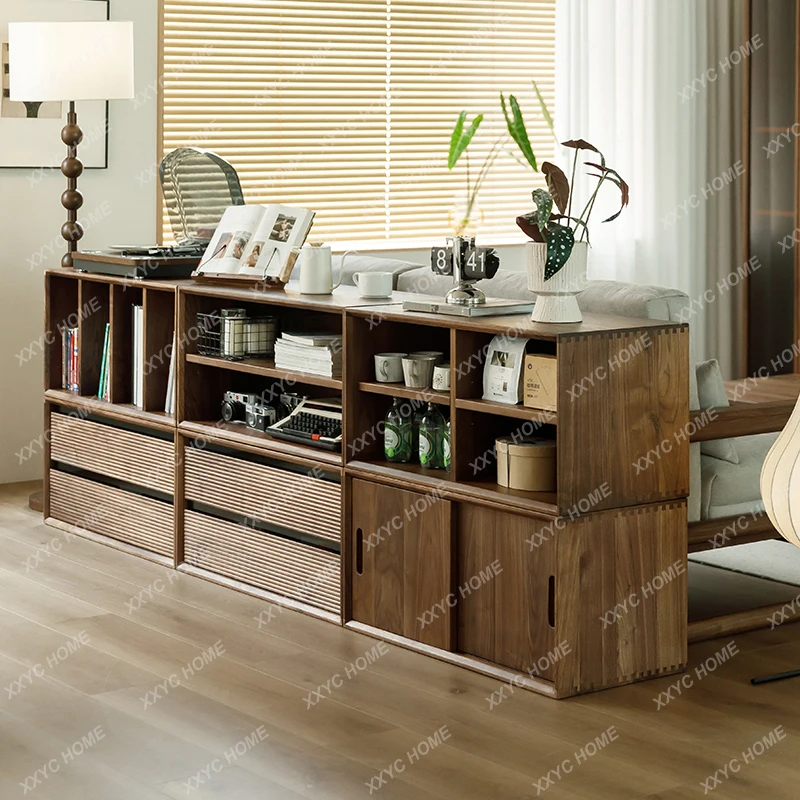 

YYJ All Solid Wood Bookcase North Black Walnut Free Combination Cabinet Storage Storage Display Dining Side Cabinet Livin