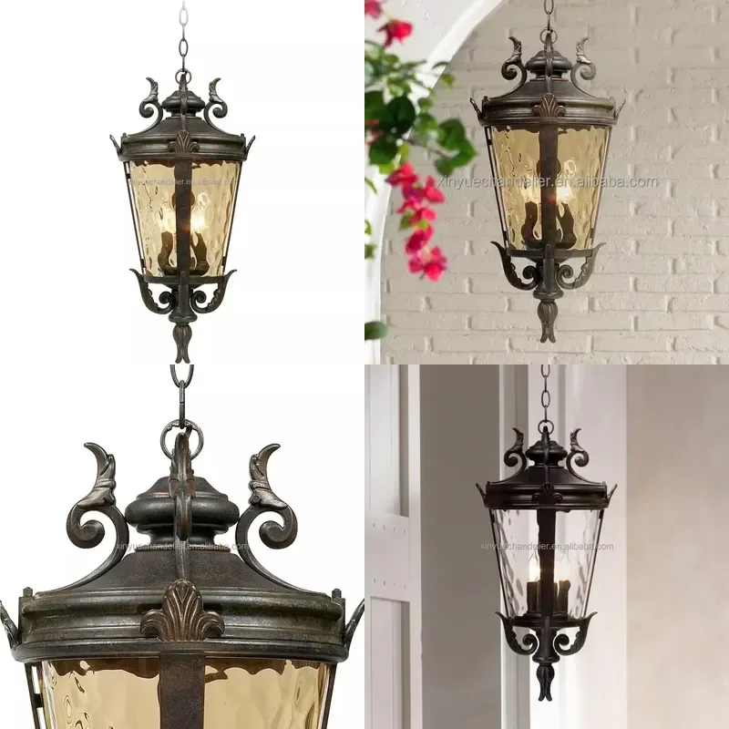 for Vintage Outdoor Ceiling Light Textured Black Clear Hammer Glass  Porch Garage Garden Home Roof Chandelier
