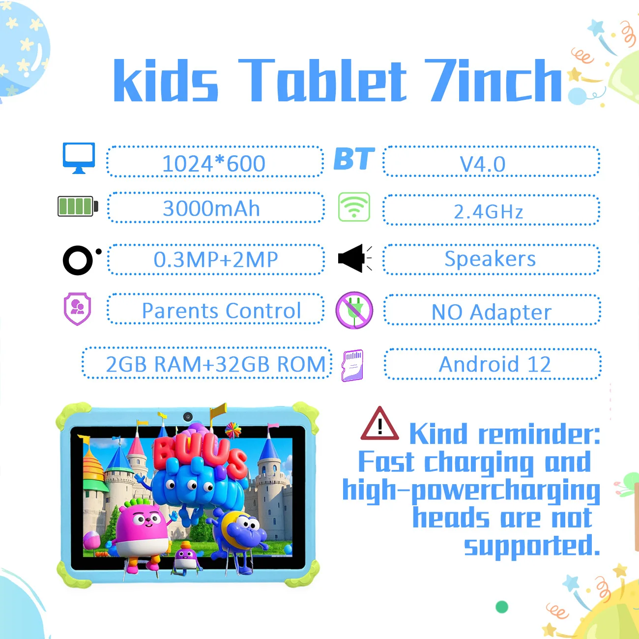 Tableta para niños, tableta Android 12, tableta de 7 pulgadas, cámaras duales, juguetes educativos de aprendizaje, regalos para niños y niñas