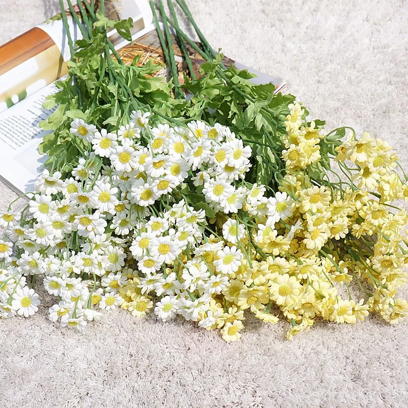 الزهور الاصطناعية زهرية غرفة المنزل اكسسوارات الديكور حديقة باقة الزفاف مهرجان اكاليل رومانسية وهمية الحرير اللثة ديزي الوصول