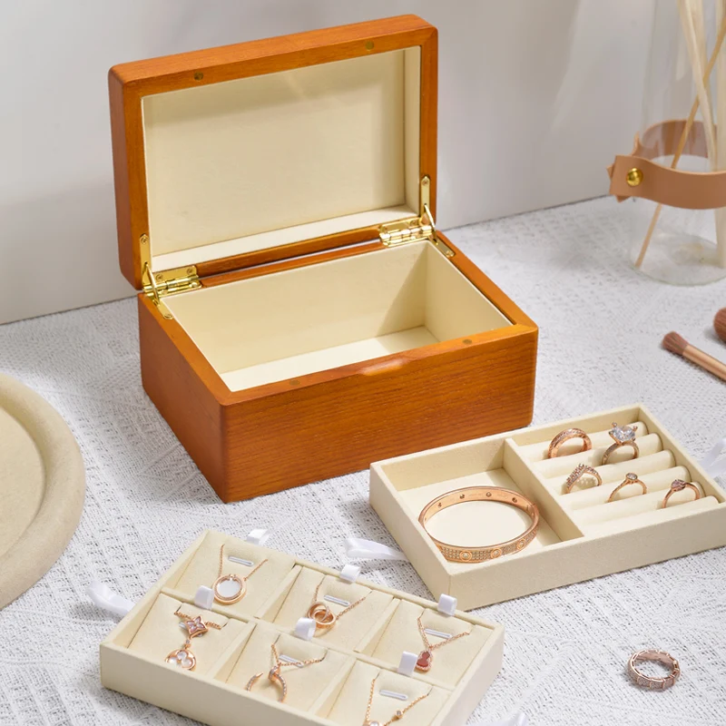 Oirlv Wooden Jewelry Box Storage Ring Earring Solid Wood Ring Box Ring Earring Organizer Wooden 2-Layer Small Jewelry Case Box