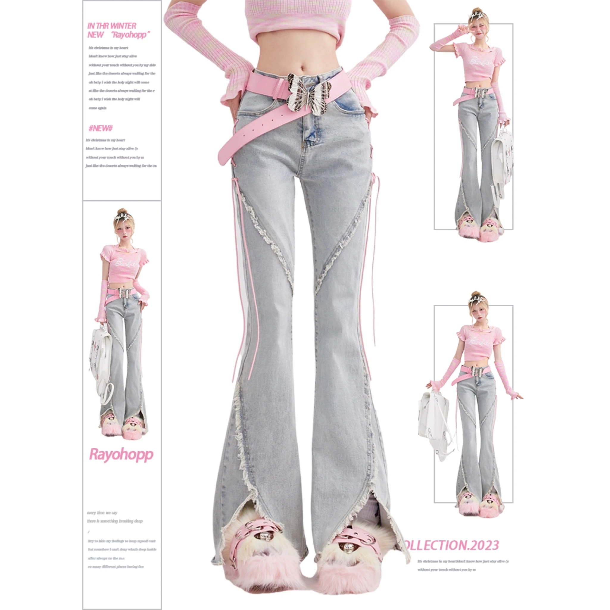 

American Style Spicy Jeans for Spring and Summer, Elastic Slim Fit and Slimming, Split Edge, Floor Length Pants, Pink Strap Y2K