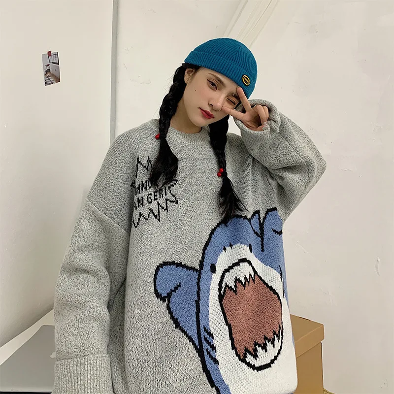 Sweter Pria Rajutan Hip Hop 2023 Sweter Pria Longgar Pakaian Jalan Kasual Longgar Kartun Mode Harajuku Sweter Kebesaran