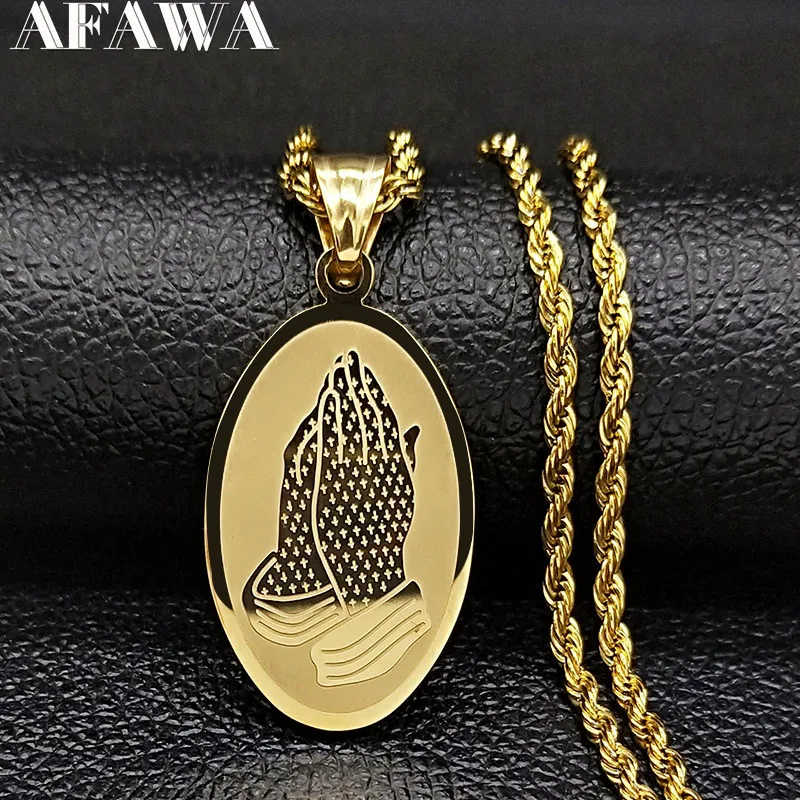 Praying Hands Jesus Stainless Steel Chain Necklace for Women Gold Color Hip Hop Necklaces & Pendants Jewelry joyas N4129S02