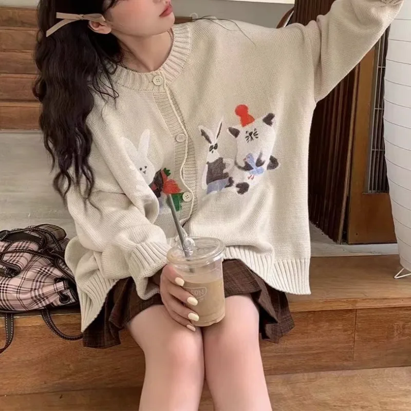 Sweet Bunny Crewneck Jacquard Sweater Knitted Cardigan Female 2024 Fall/Winter New Lazy Wind Loose Joker Top