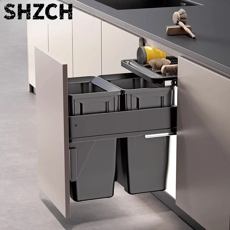 Concealed Dual Compartment Cabinet Built-In Trash Can with Lid Drawer-Style Kitchen Waste Bin Cleaning Bucket