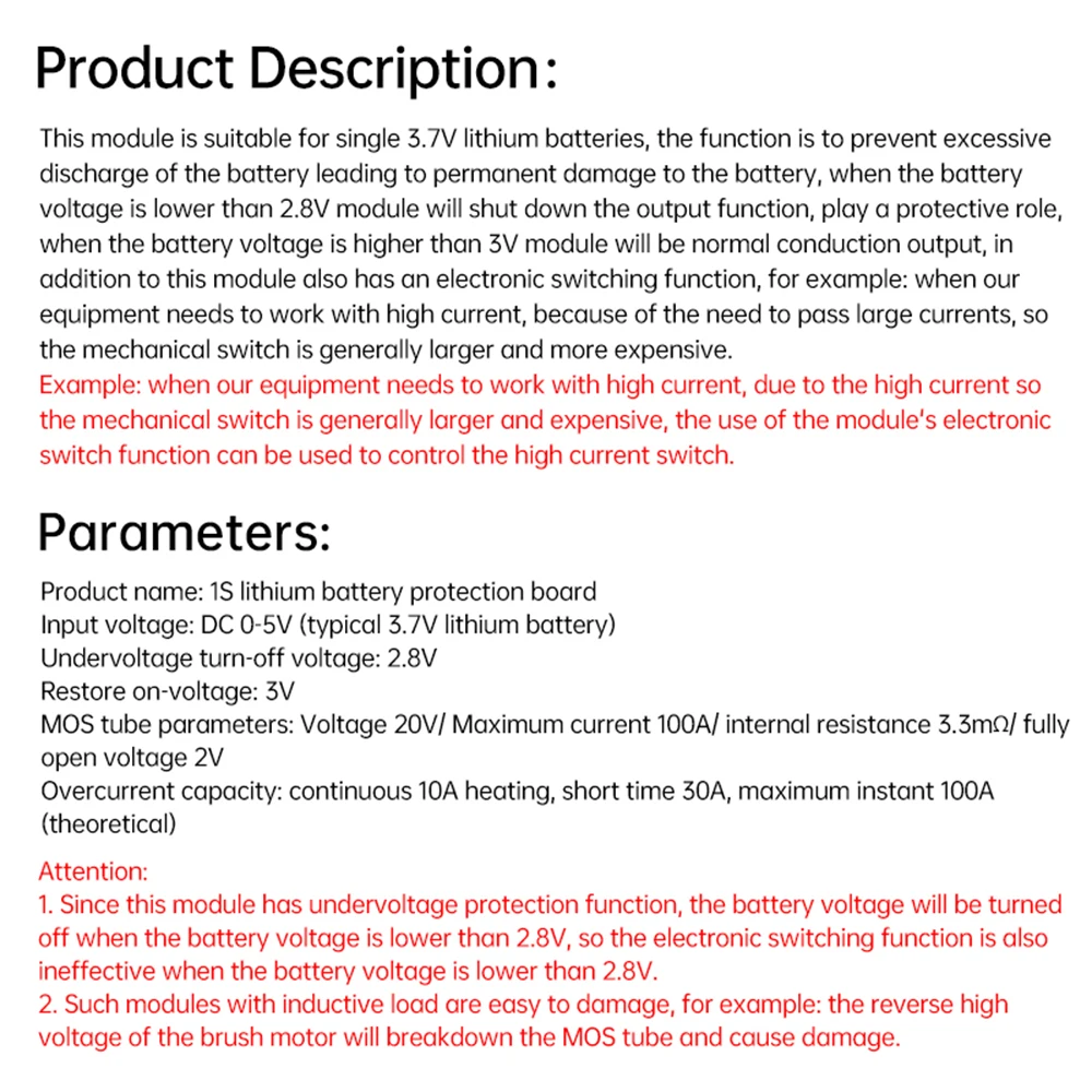 1S 30A High Current 10A Lithium Battery Protection Board DC 3.7V 4.2V Polymer 18650 Single String Power Board