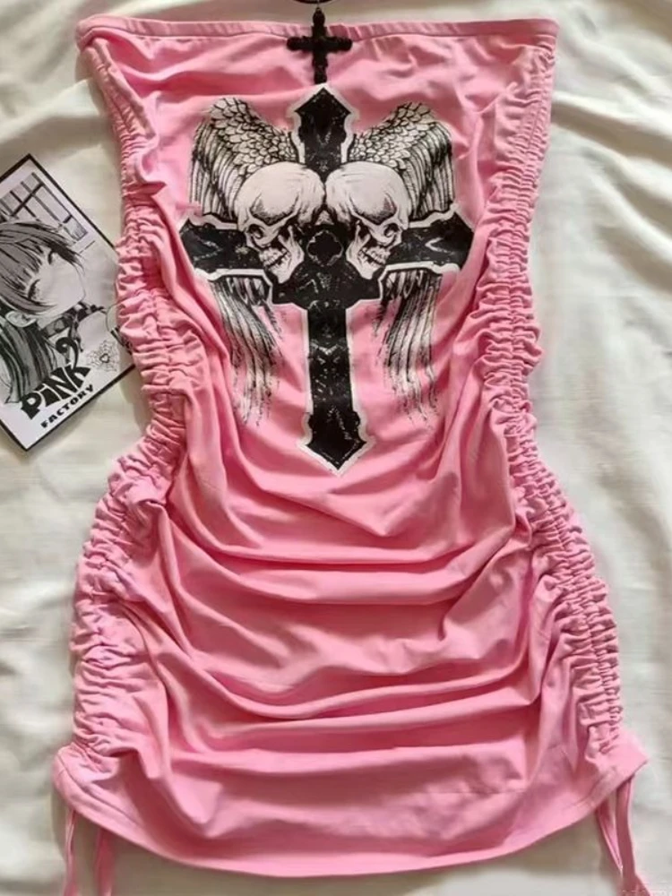 Summer Y2K Gothic Punk Pink Skeleton Print Dress Women Off Shoulder Design T-Shirt Dress Vintage Grunge Style Sexy Mini Dress