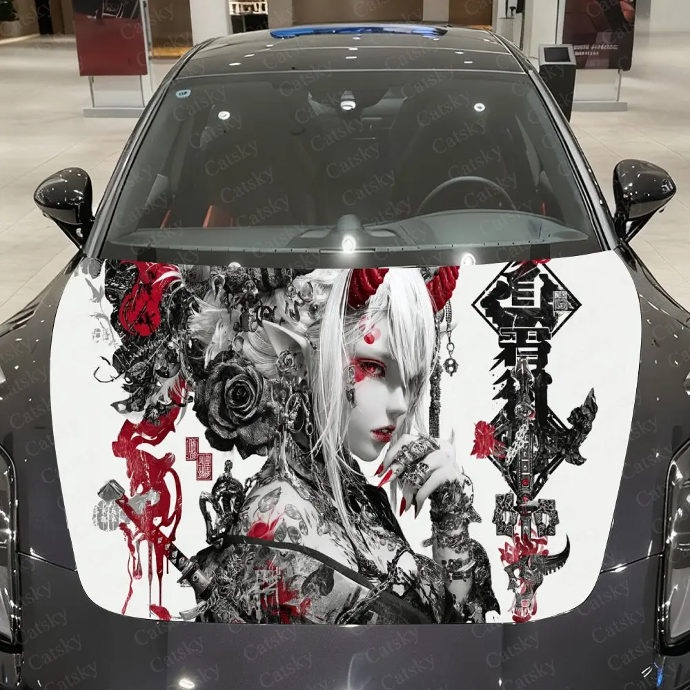 

Red Ink Seductive Horned Girl Car Vinyl Wrap, PVC Waterproof Car Sticker, Self-Adhesive Scratch-Resistant Engine Cover Sticker