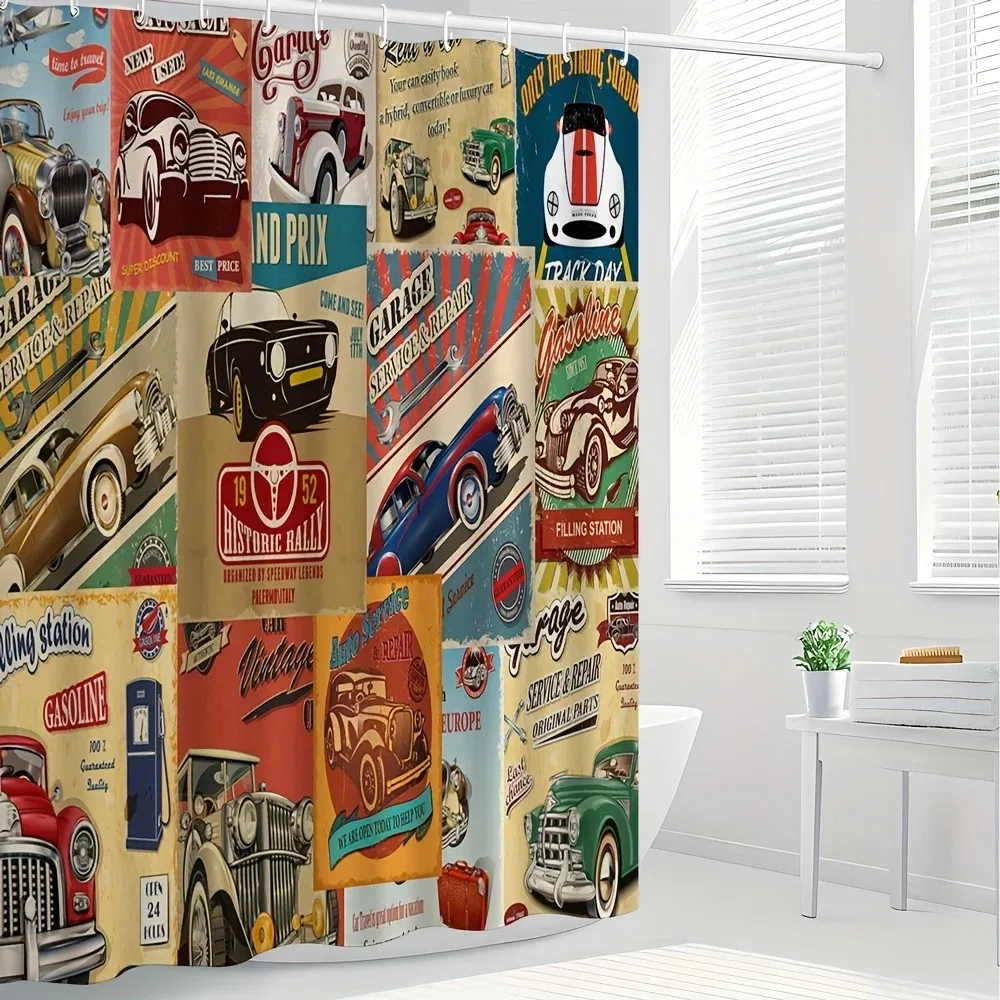 Vintage Cartoon Car Shower Curtain Retro Automobile Theme Bathroom Decor Fabric Panel with Hooks Washable Home Accessory