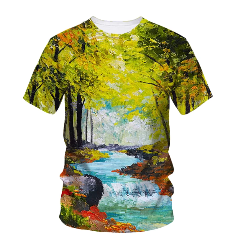 Summer New Landscape Oil Painting Art graphic t shirts Fashion Literary Youth Casual Tees Personality Men Printed O-neck Tops