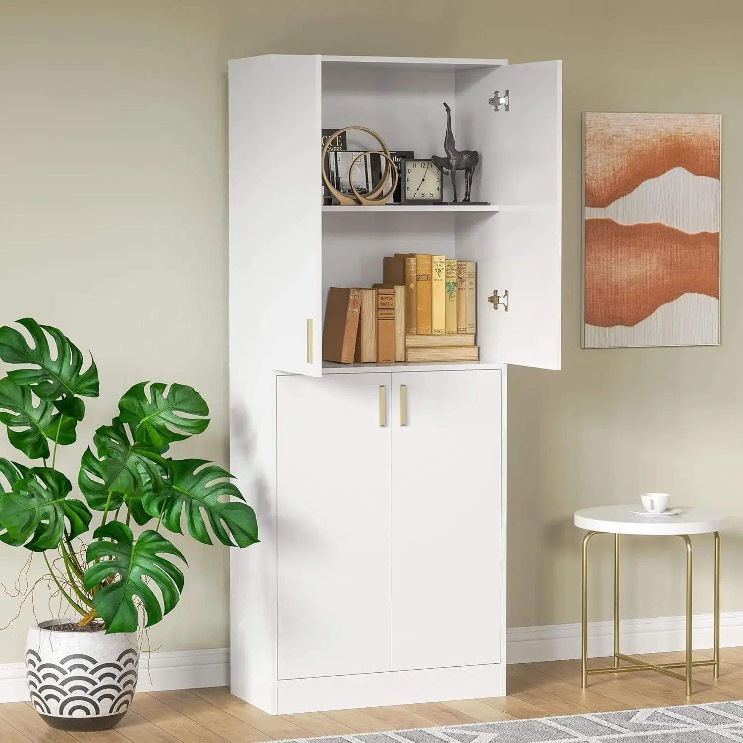 Kitchen Pantry Storage Cabinet 71" Tall 4 Doors Wood Freestanding Cupboard with 2 Adjustable Shelves image 4