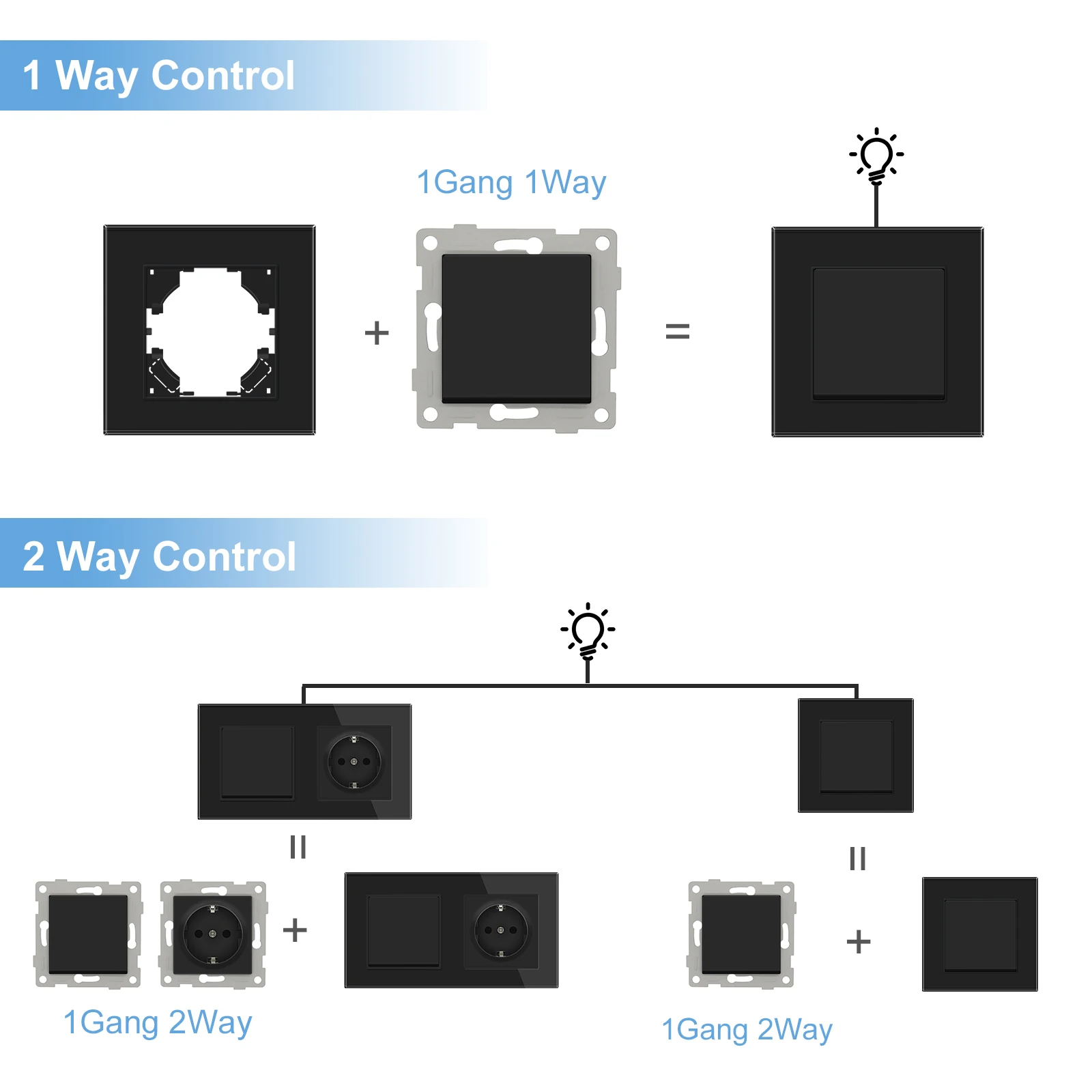 BSEED EU Standard Button Light Switch 1/2Gang 1/2Way Wall Socket USB Type-C DIY Function Parts Glass Panel Free Combination