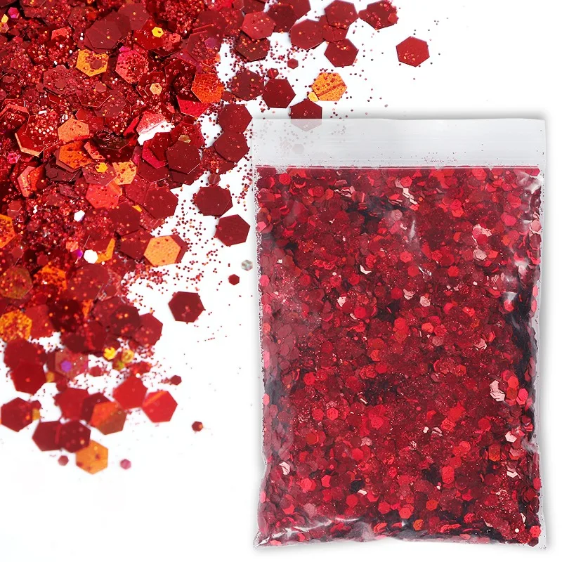 50g/Bag Holographic Red Nail Glitter Mixed Hexagon Powder Flake Sequins Nail Art Decorations for Manicure Paillette DIY Design