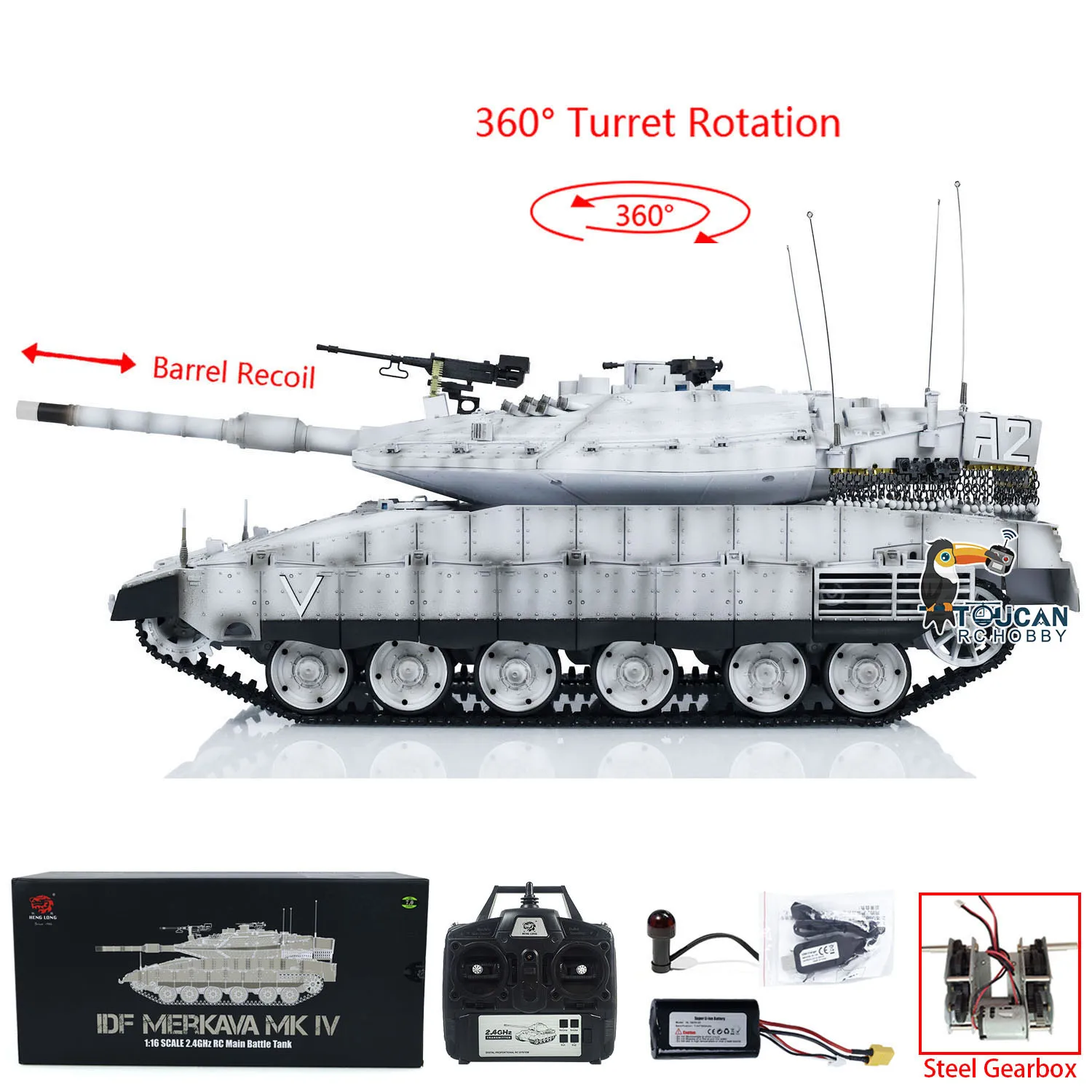 1/16 Heng Long Military RC Biały czołg Plastikowy IDF Merkava MK IV 3958 Wieża 360°° Obrotowy model pancernika odrzutowego TH23437