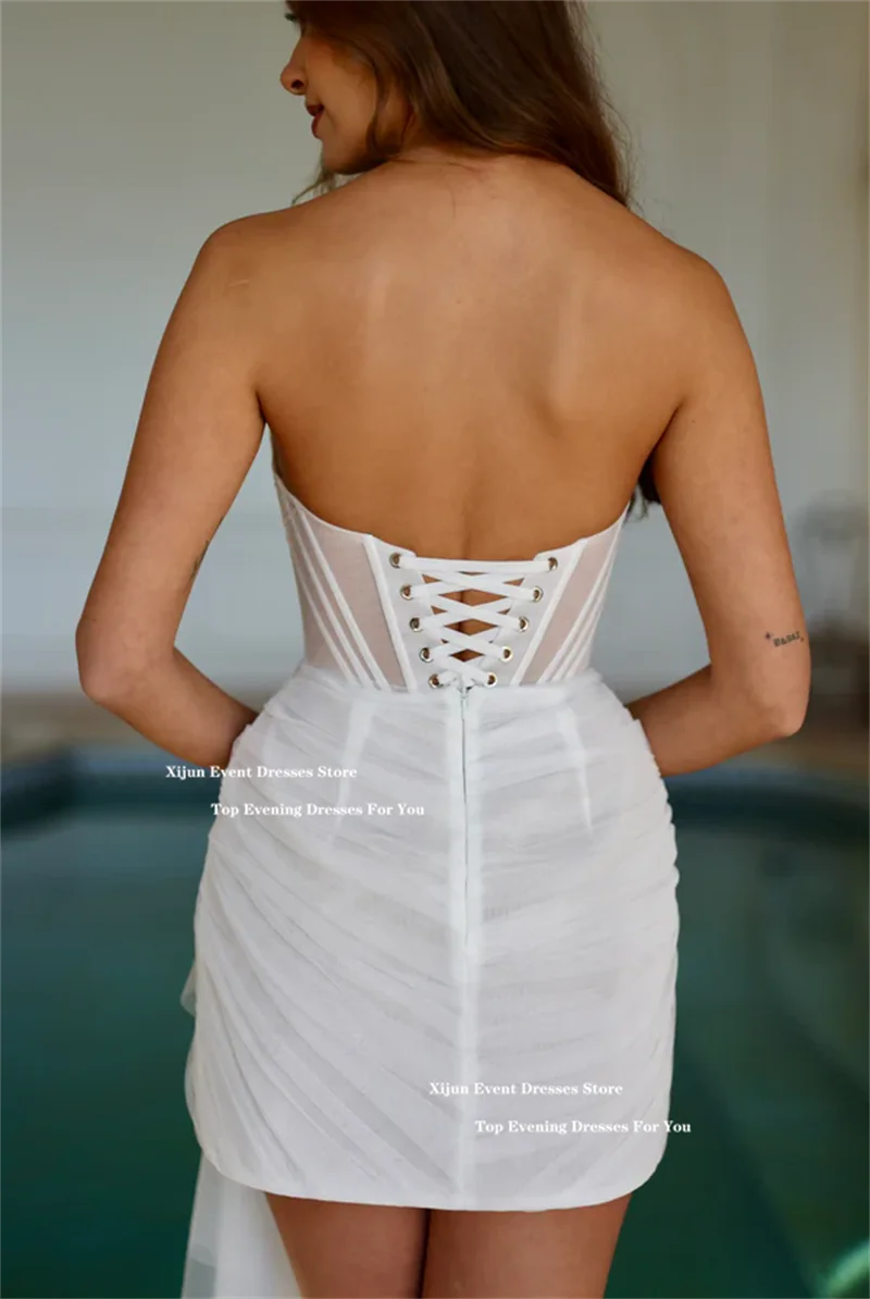 Xijun White Tulle Mini Wedding Dresses Sleeveless Pleats Corset Prom Gowns Formal Occasion Sexy Evening Dresses 2025 Customized